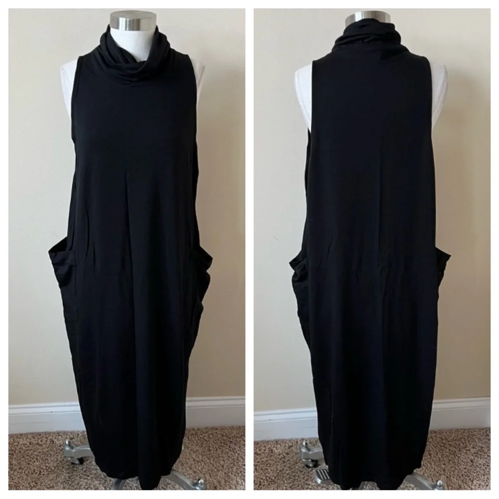 Eileen Fisher Black cowl neck side pocket Sleeveless midi Dress 26274